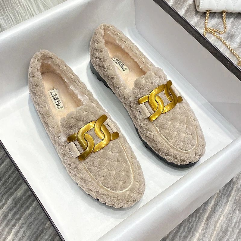 2023 Luxury Metal Chain Lambswool Moccasins Fuzzy Sneakers W