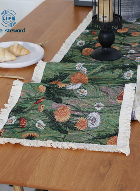复古绿色花朵桌旗油画风美式茶几长条桌布Table cloth Table flag