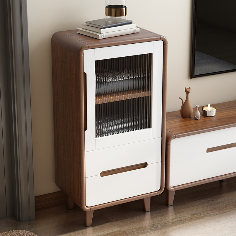 胡桃色钢化玻璃电视边柜家用现代简约中式边柜斗柜小户型客厅卧室