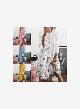 2020冬欧美跨境亚马逊 wish速迈通爆款复古印花O领印花连衣裙女1