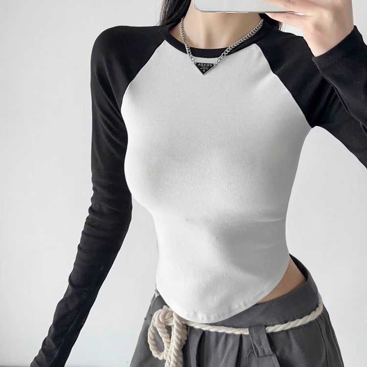 欧美长袖圆领拼色T恤女短