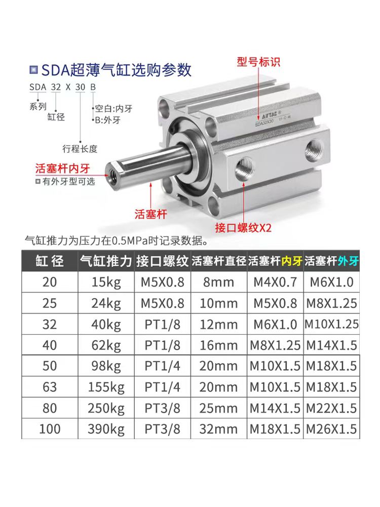 亚德客气动薄型气缸SDA40 50 63 80 100X10X15X20X25X30X40X50S B
