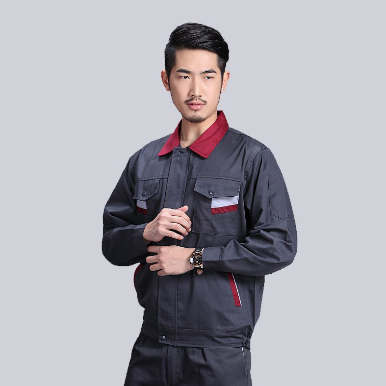 春季工作服深灰色红领长