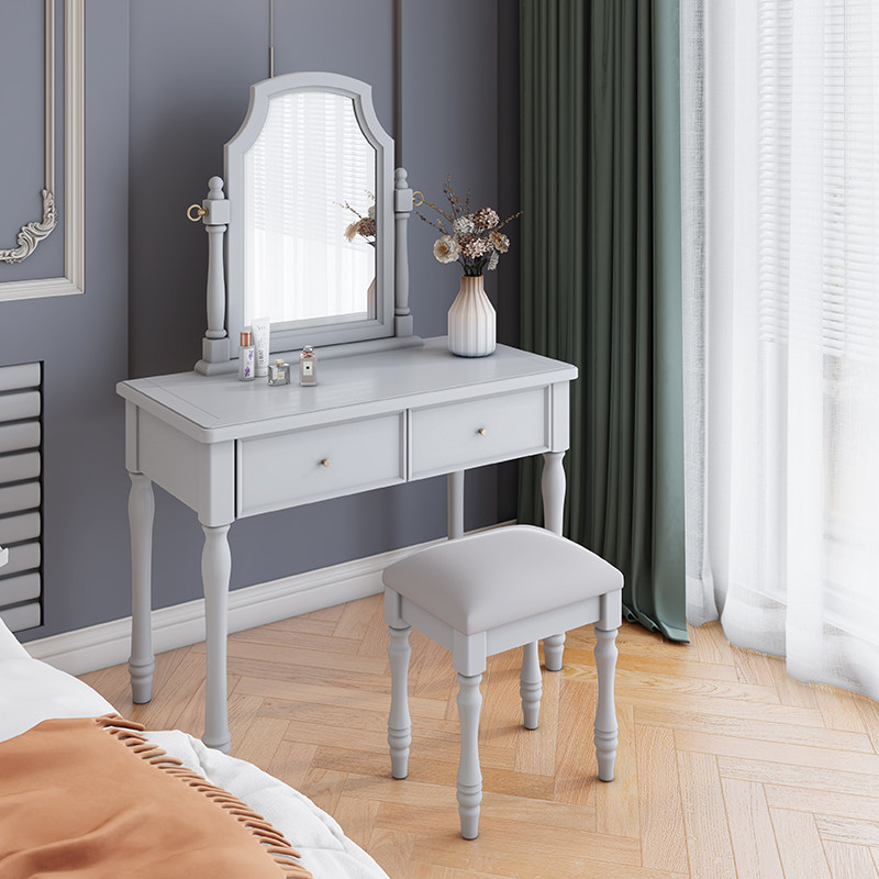 全实木美式梳妆台乡村田园风卧室小户型化妆桌椅欧式复古带妆镜子