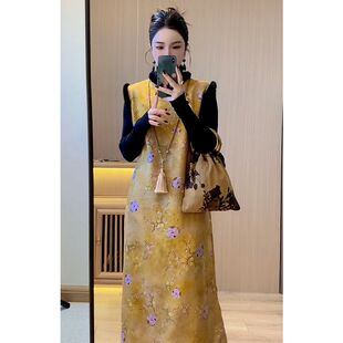 加绒加厚新中式国风黄色背心旗袍连衣裙内搭打底衫两件套装女秋冬