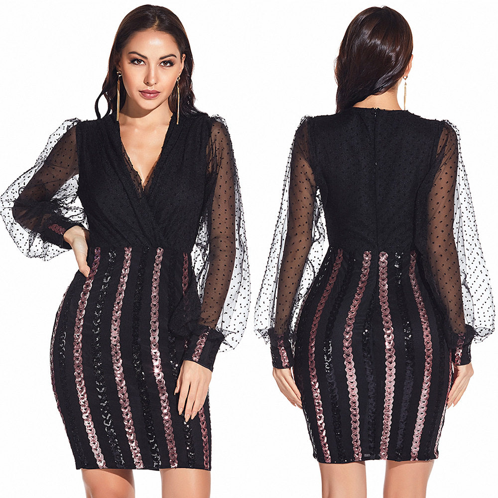 Sexy Women Fashion Gauze Dress Party Dinner Sequin Dresses