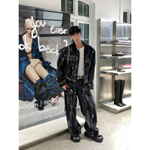 HOZI 时髦人工手工刷漆牛仔套装涂鸦垫肩设计逛街看展小众夹克男