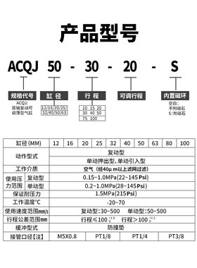 星辰可调薄型气缸ACQJ20/25/32/32/40/63-20-30-40-50S小型方气动