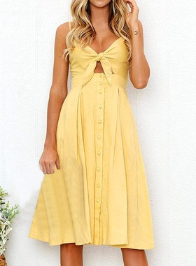 Hollow Out Sundress Beachwear Button A-line Dresses 连衣裙女