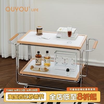 欧又沙发边几可移动复古小推车双层置物架实木边桌小户型带轮角几