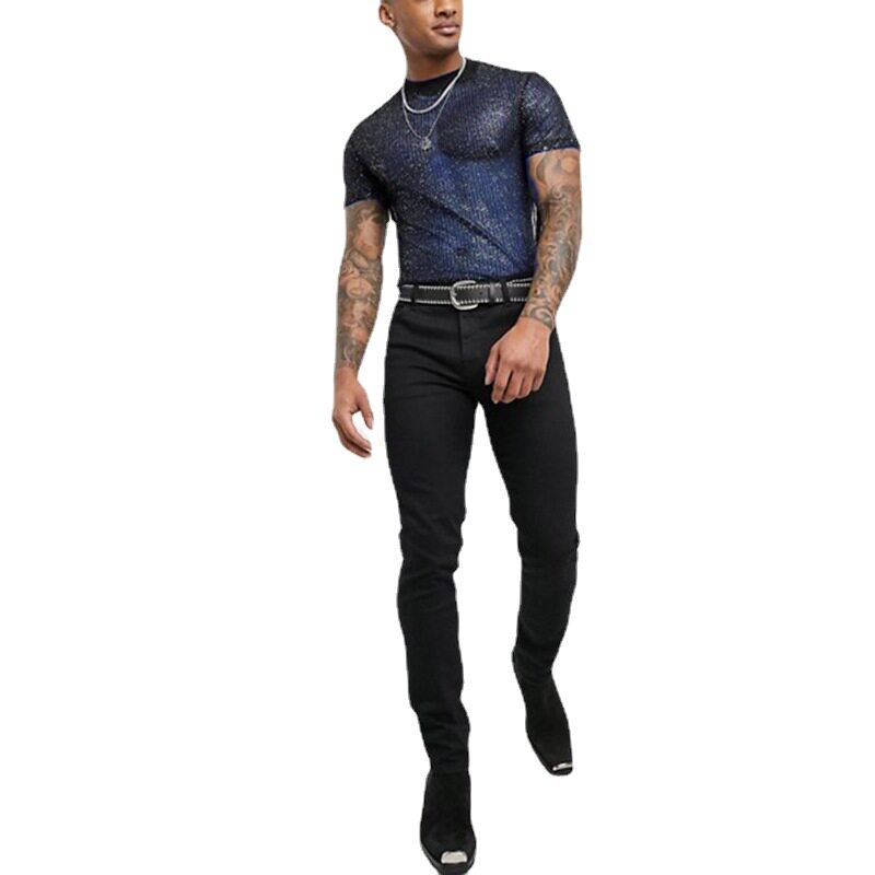 欧美男装性感男士T恤网纱透视薄款透气夜店派对打底衫T-shirt men