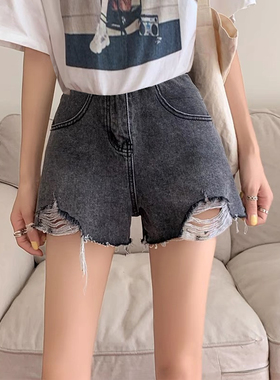 孕妇短裤子女夏季薄款外穿u托腹宽松休闲阔腿裤蓝色破洞牛仔热裤