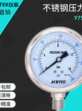 ACUTEK 304不锈钢压力表 Y75BF 16bar  G3/8 防腐 耐高温压力表
