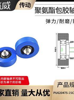 6204聚氨酯外包轴承PU620475-25C2L12M10包软胶滚轮加不锈钢螺杆