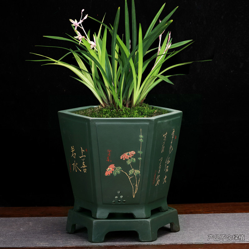 紫砂兰花专用盆桌面实用手工六方点彩陶瓷盆景绿植兰草花盆带底座