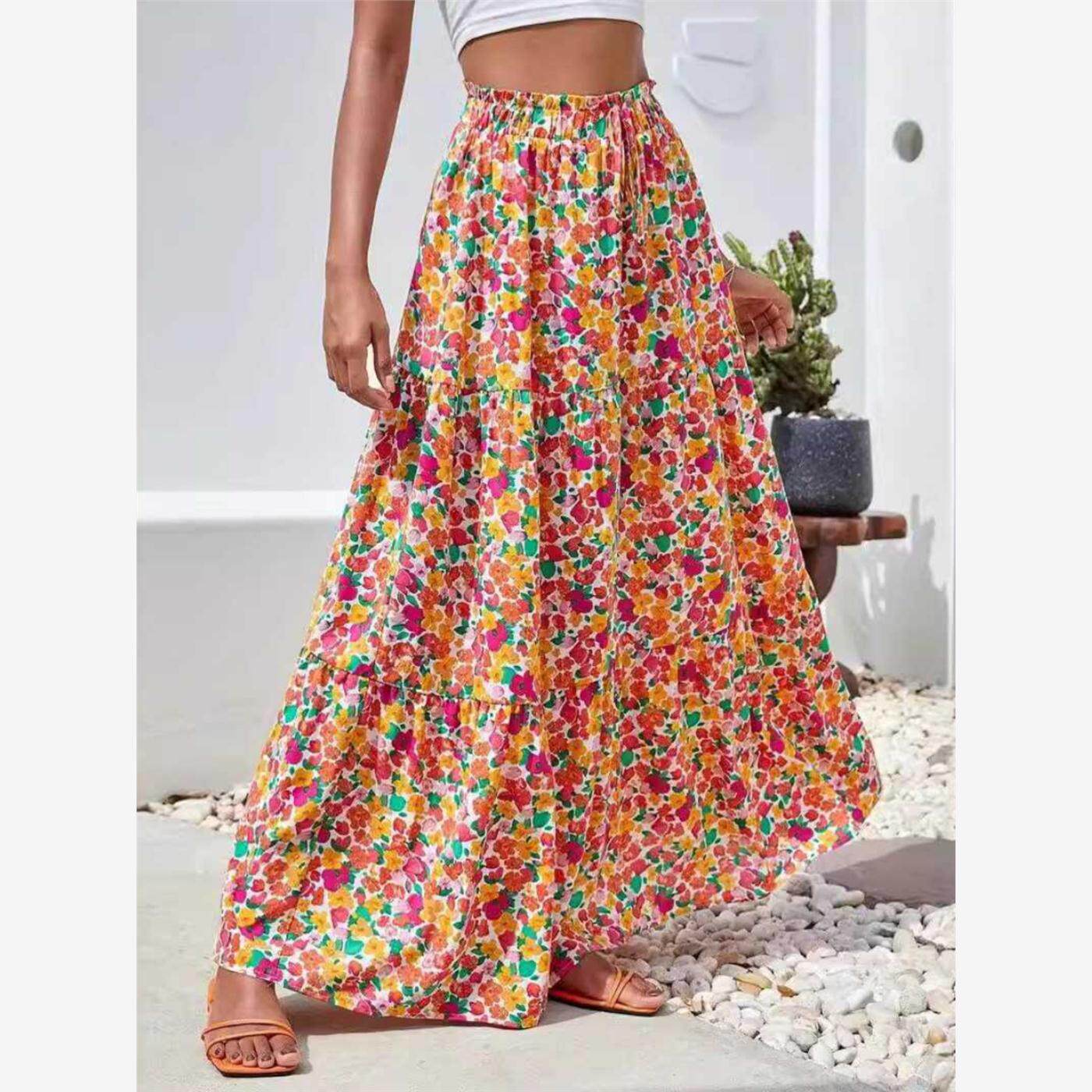 波西米亚夏季大码女度假风沙滩海边松紧腰收腰高腰碎花半身裙长裙