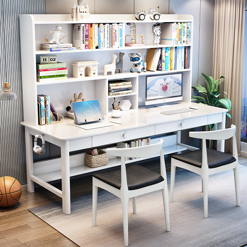 双人实木书桌书架组合一体书房电脑桌家用卧室中小学生学习桌椅套
