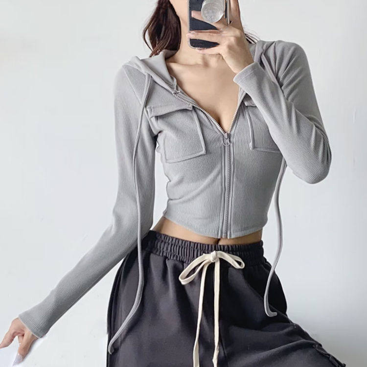 欧美修身显瘦短款长袖连帽拉链开衫卫衣女春秋季纯色运动休闲外套