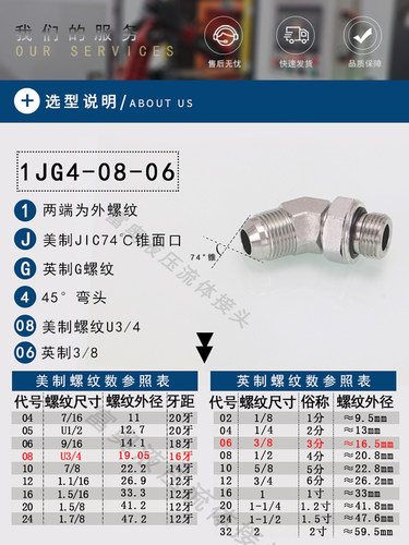 美制转英制可调式弯头1JG4-OG高压油管接头74&deg;外锥D型45&deg;