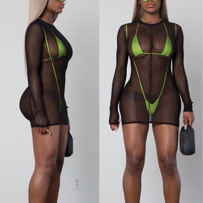 2019新款欧美泳衣三件套连体黑网纱性感大码新款三点式女装