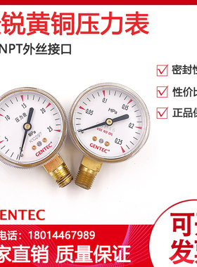 美国捷锐黄铜压力表氮气氩气氦气氧气氢气乙炔GENTEC铜电镀压力表