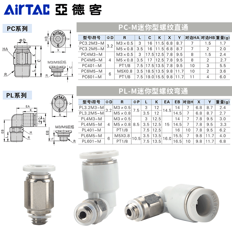 亚德客气管接头快插螺纹