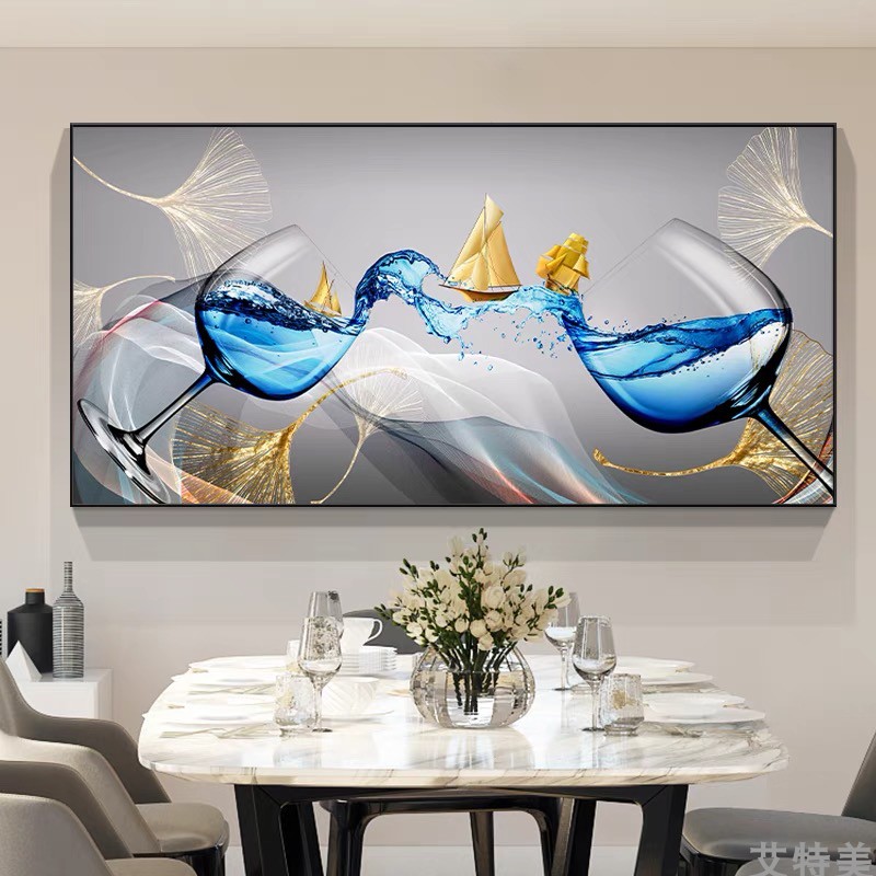 轻奢餐厅装饰画新款酒杯横幅现代简约饭厅挂画手绘油画背景墙抽象图片