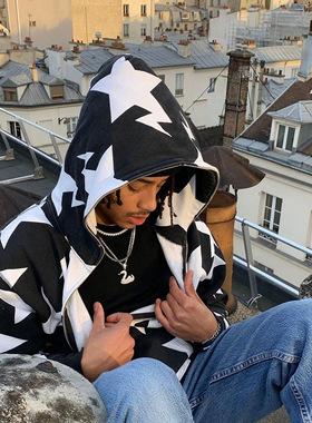 Y2K Men Hoodies Fashion Star Print Zip Up Long Sleeve Oversi