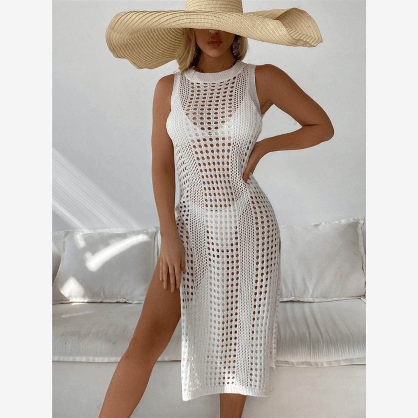 夏季镂空性感针织背心叠穿海边开叉无袖长款连衣裙沙滩装罩衫女