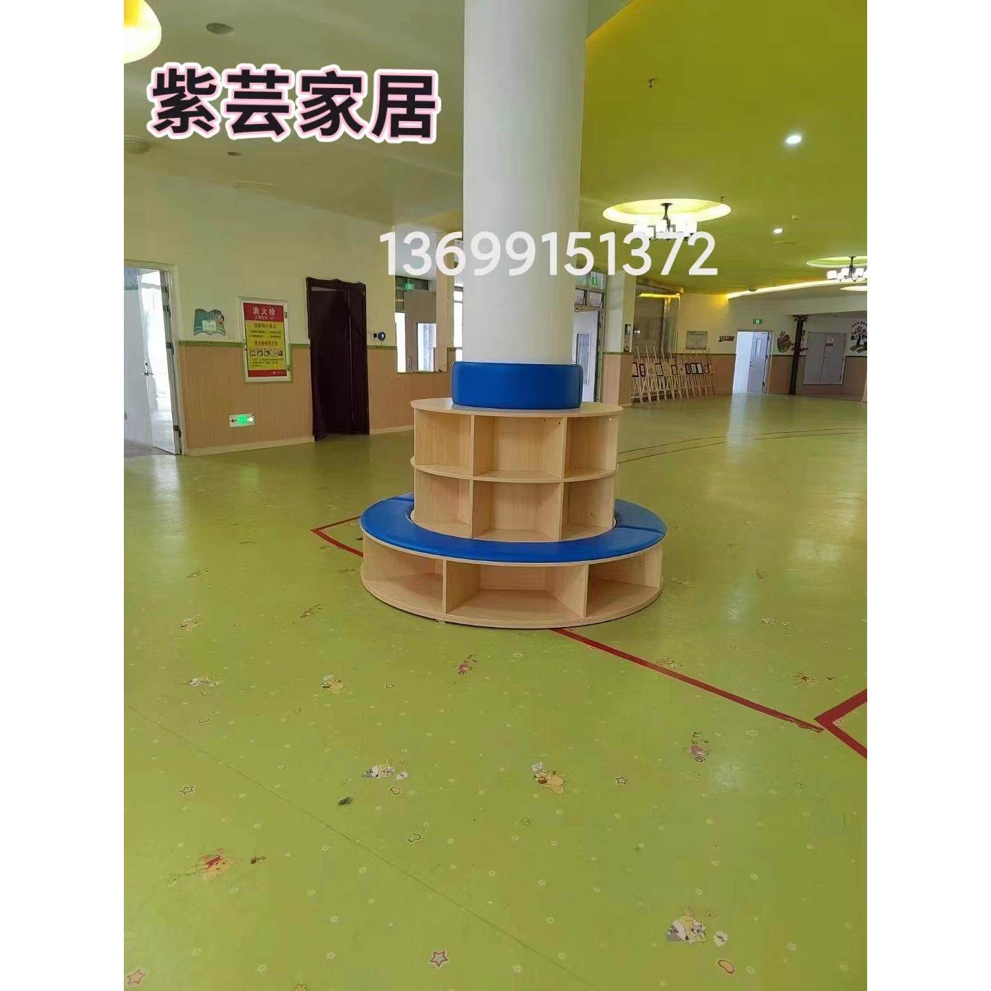 上海定制幼儿园早教卡座图书馆阅览室包柱子书架沙发圆形柱弧形凳