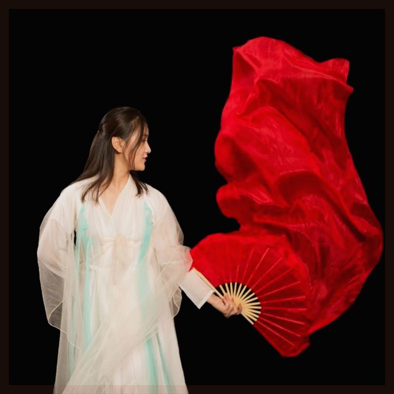 演出仿真丝舞蹈扇秧歌扇广场舞长稠扇加长大红色彩色演跳舞扇子