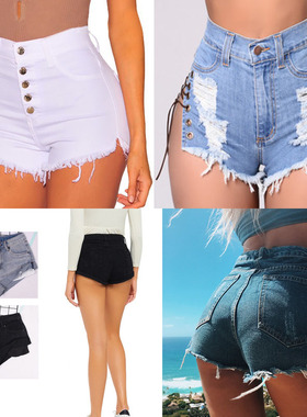 2019夏欧美WISH牛仔棉弹力破洞短裤Bull-puncher knickers women