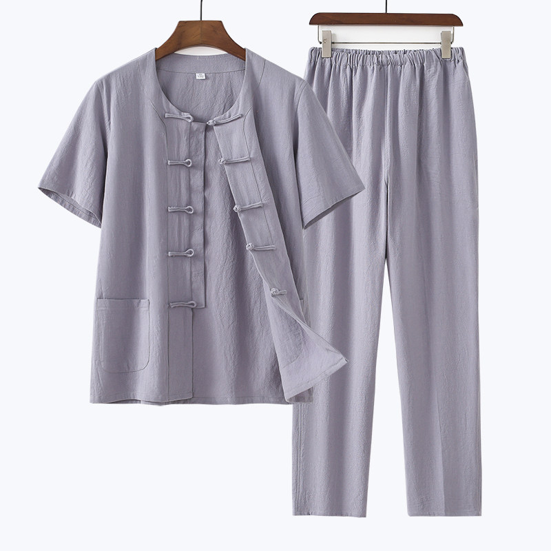 夏季唐装男薄款纯棉短袖套装中国风男装中老年男装中式汉服居士服