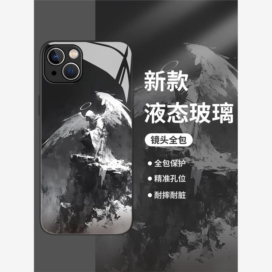 油画天使适用小米14手机壳k70黑色11ultra红米note13小众ins风k60pro复古12s玻璃10新款k50高级感k40男生k30