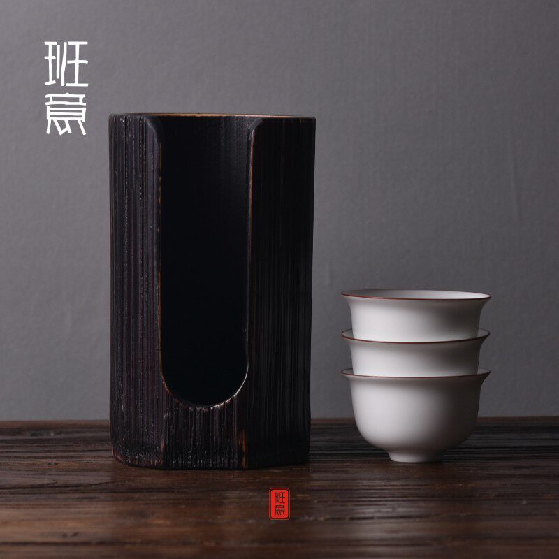 班意 禅意仿古碳茶杯收纳筒茶杯 杯筒 杯笼 功夫竹制茶具杯架