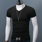 v领短袖 半袖 t恤男士 简约大码 打底青年百搭上衣服 纯色修身 夏季