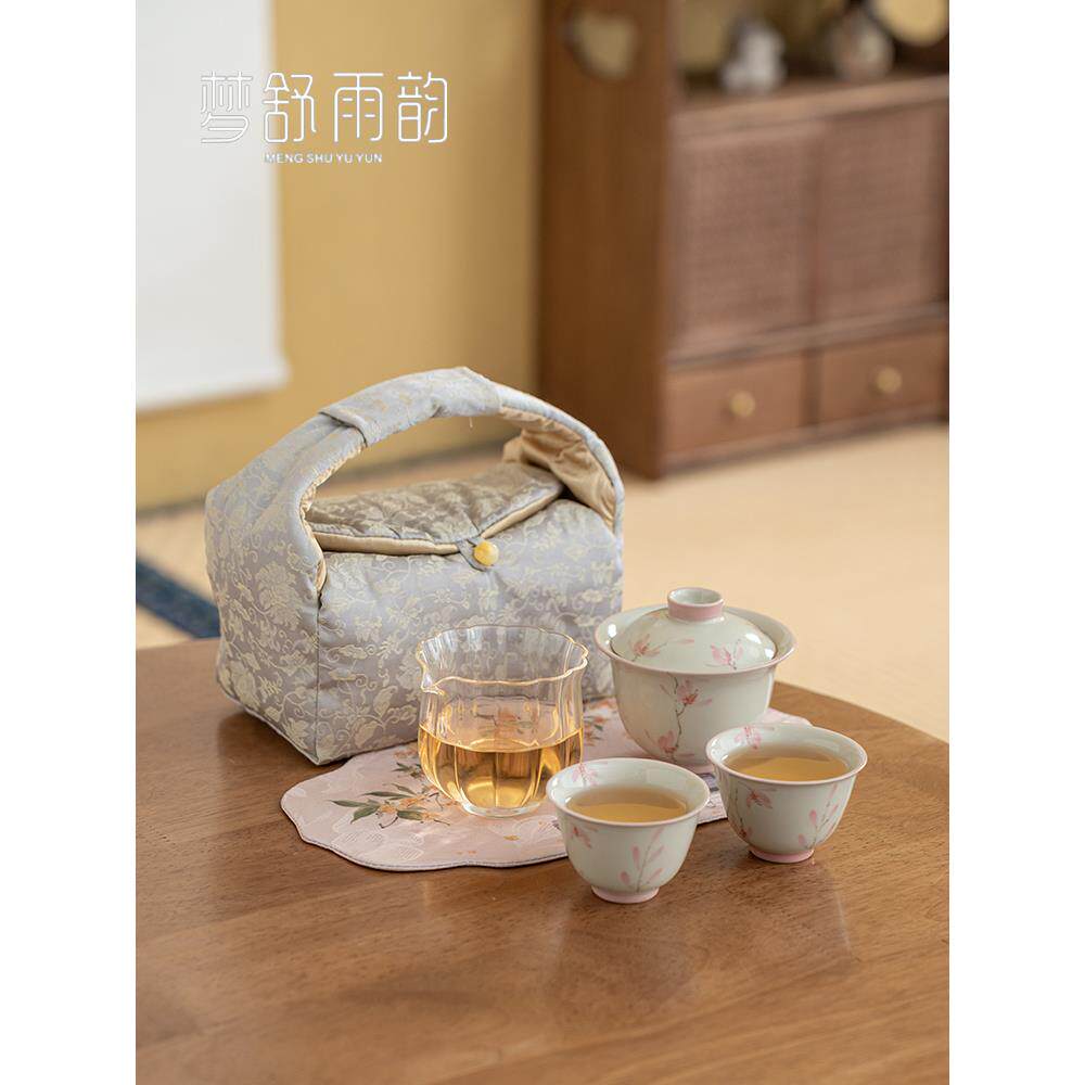 草木灰手绘蝴蝶兰花盖碗两杯布包便携旅行茶具套组公道杯茶具套装