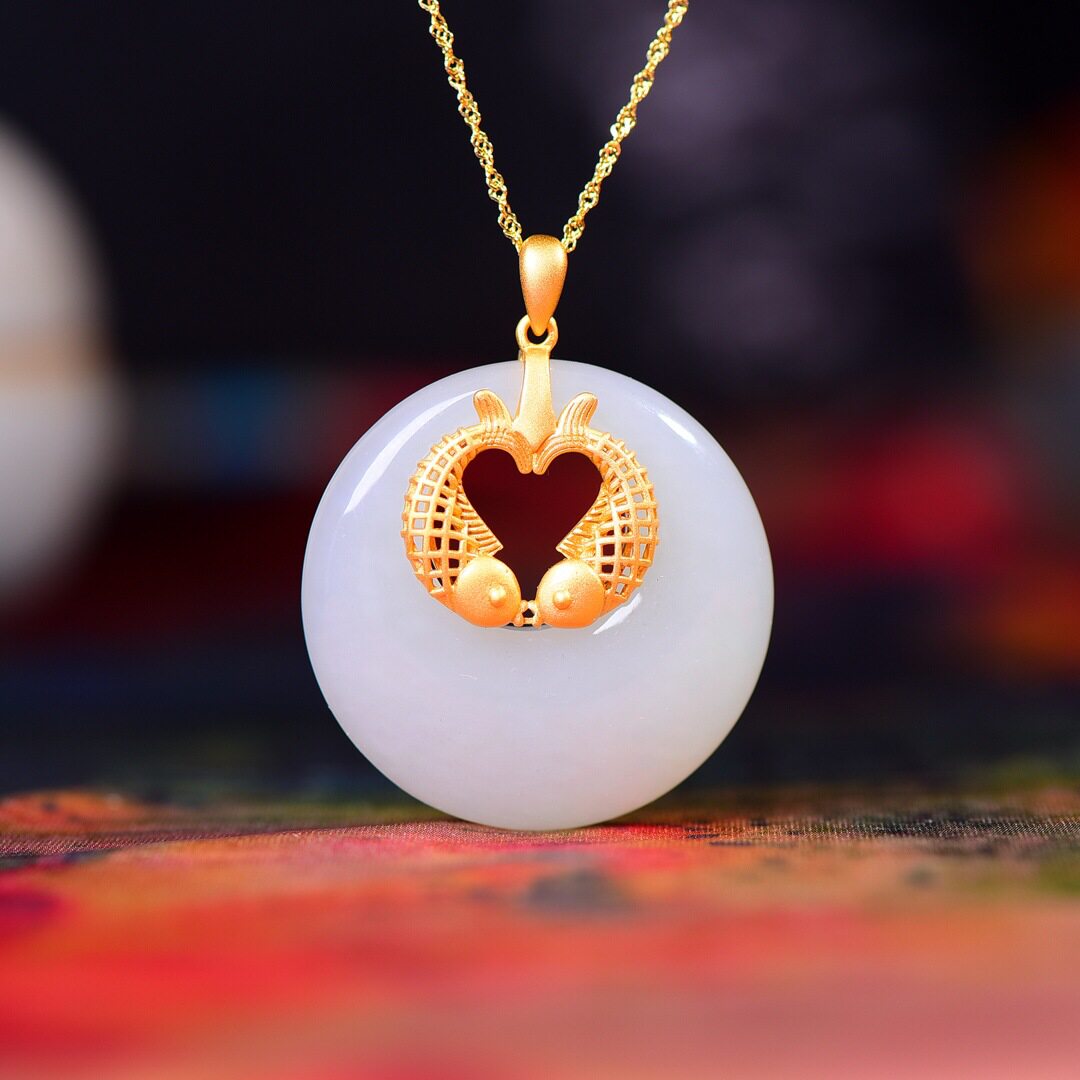 s925古法银双鱼平安扣项链 和田玉 女款简约气质会销活动送礼