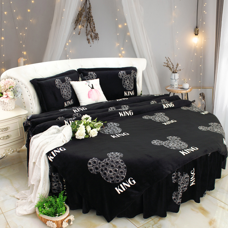 欧式轻奢黑色牛奶绒圆床四件套珊瑚绒防静电冬季保暖毛绒圆床单2m