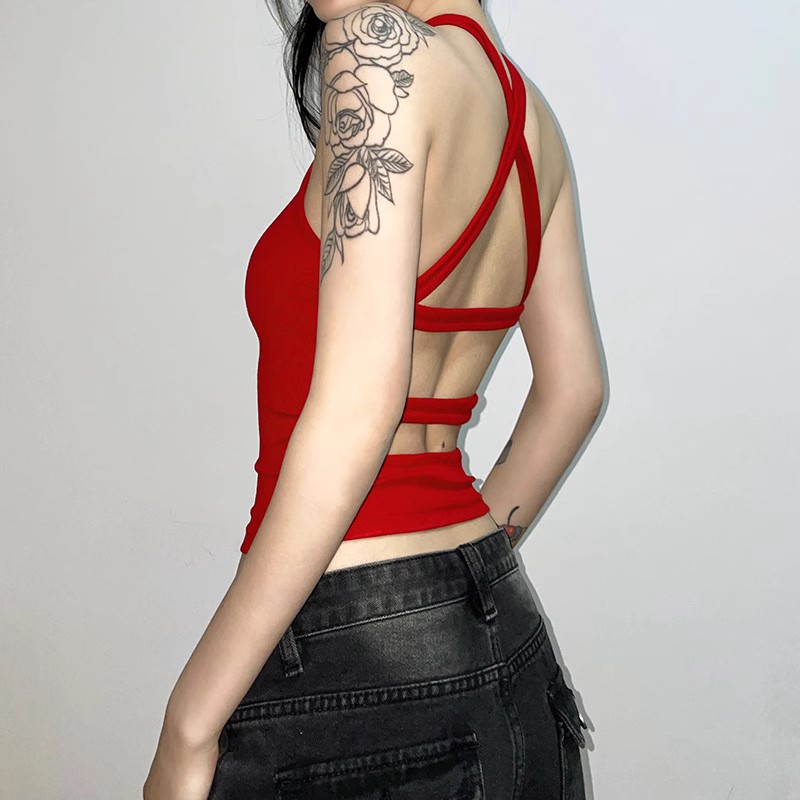 红色露背挂脖小背心女外穿小