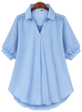 欧洲站大码女装夏季蓝色肩部钩花V领套头百搭OL休闲短袖衬衫上衣