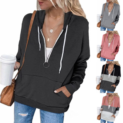 Long sleeve color blocking zipper versatile Sweater Jacket W