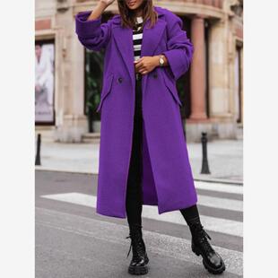 woolen coat欧美秋冬女宽松显瘦长款西装领长袖毛呢外套呢子大衣