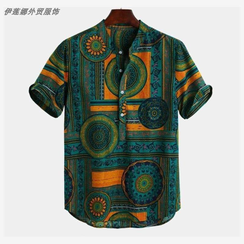 summer tops shirts for men hawaiian shirt 民族风衬衫 短袖男