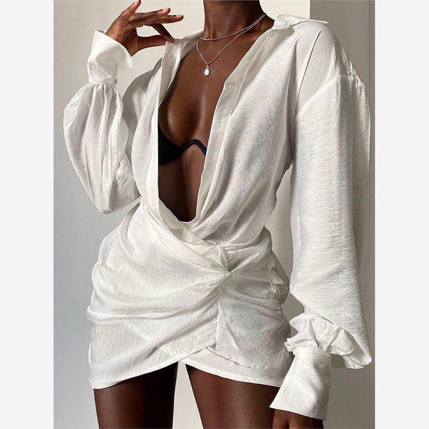 过渡性感ZONE欧美长袖气质褶皱显瘦白色衬衫裙INS网收腰长袖裙子