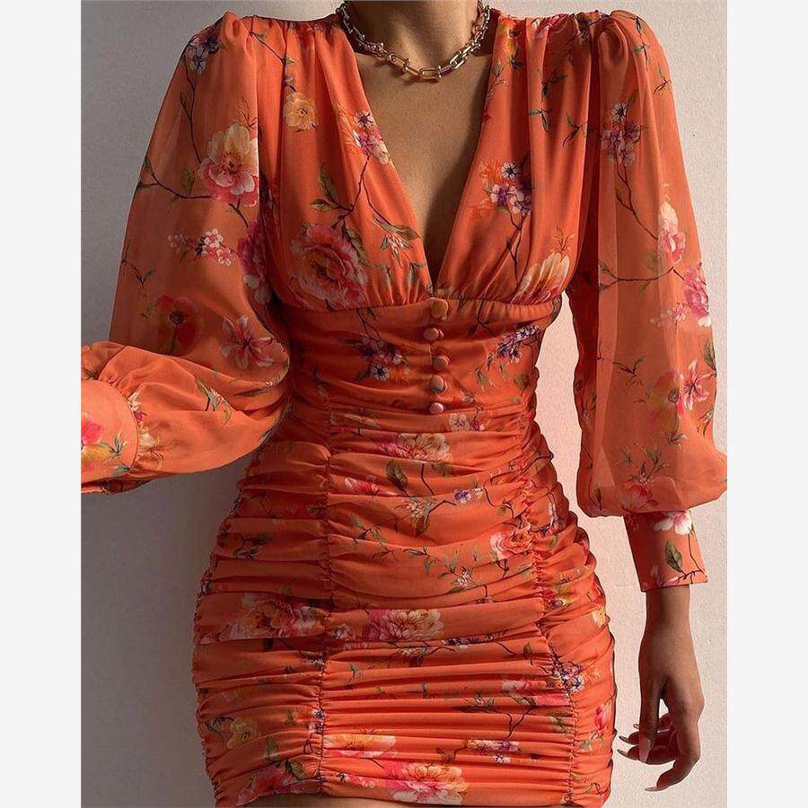 High Waist Chiffon print dress V领紧身包臂高腰雪纺印花连衣裙