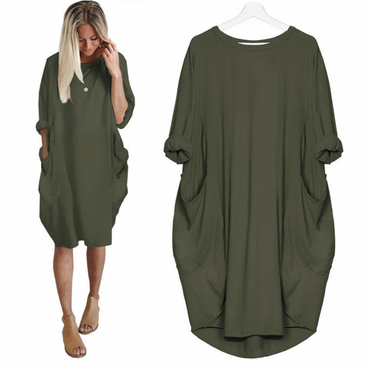 欧洲站2019早秋新款休闲宽松纯色口袋连衣裙女中裙 Women's Dress