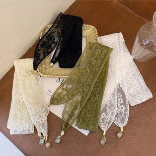 网红超仙森系温柔蕾丝细长条发带复古做旧编发丝巾麻花辫子潮流女