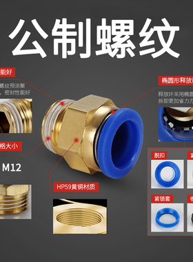 上鸿气动快插气管快速接头公制螺纹直通PC4/6-M5PC8-M6/M8/M10M12