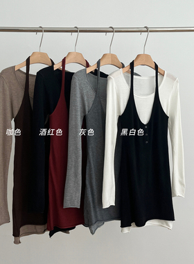 2024秋季穿搭纯欲甜美辣妹撞色叠穿吊带包臀假两件时尚连衣裙显瘦